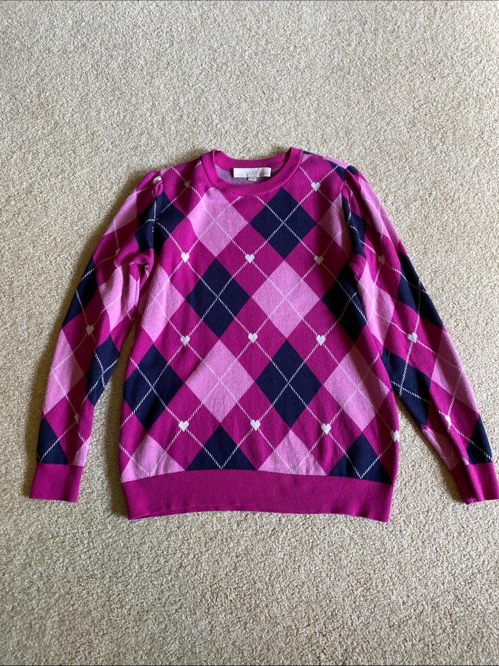 LOFT Pink & Navy Argyle Crewneck Sweater